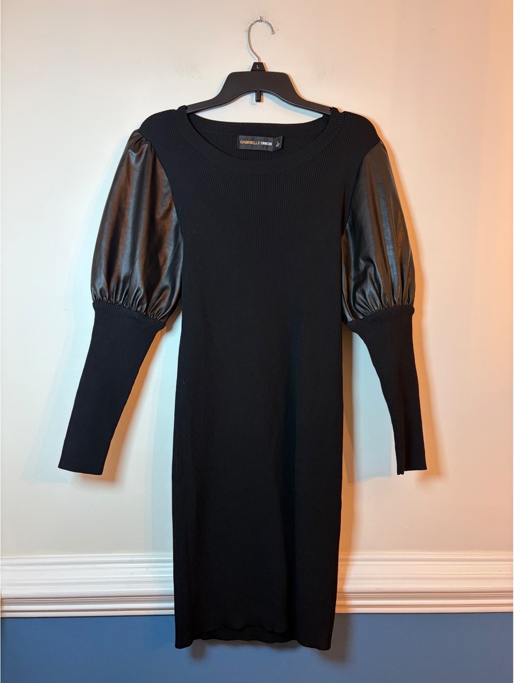 Gabrielle Union Black Ribbed Dress with Faux Leather Puff Sleeves Size L